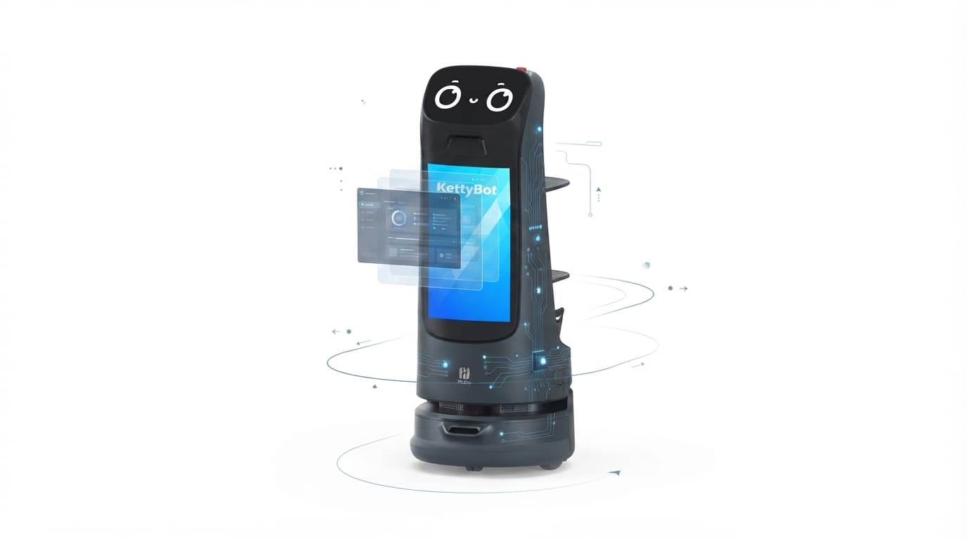 Visual conceptual de KettyBot Pro conectado con capas de hardware, software y operación.