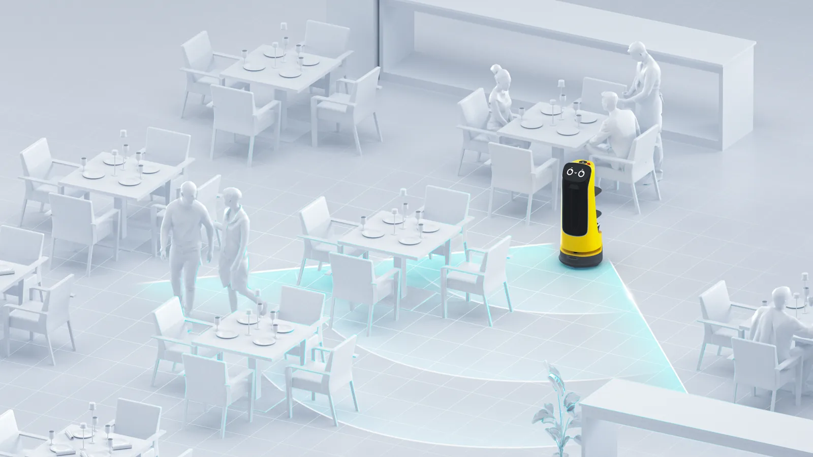 Conceptual render of KettyBot Pro sensing a shared environment